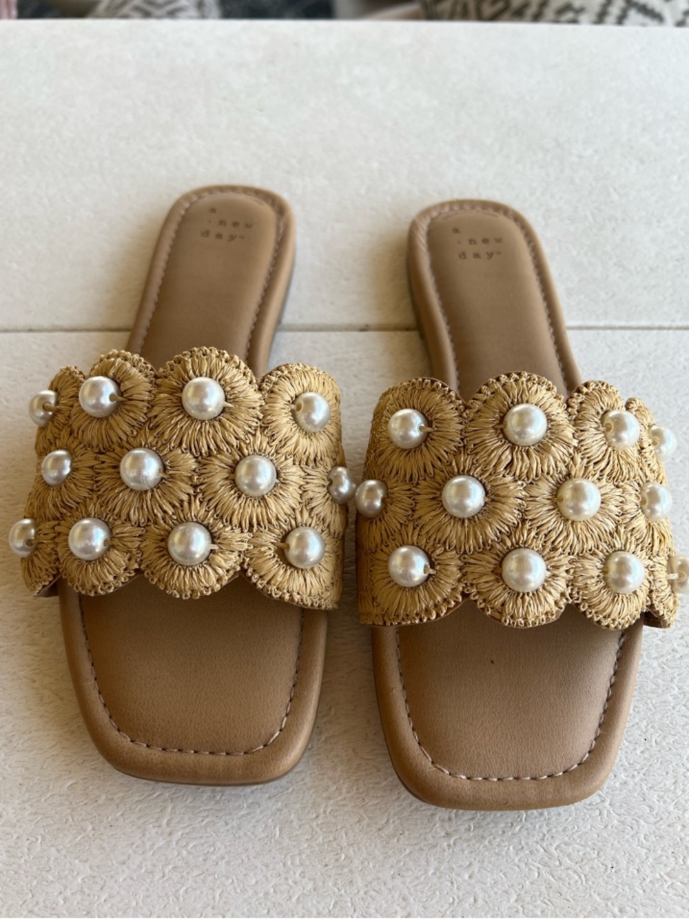 a new day Tan Raffia Pearl-Accent Slide Sandals